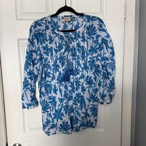 Blue Floral Tie-Front Tunic Top - Elie - Tahari Women PTP 23 100% cotton